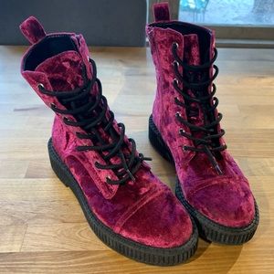 Katy Perry pink/magenta velvet combat/laceup boots